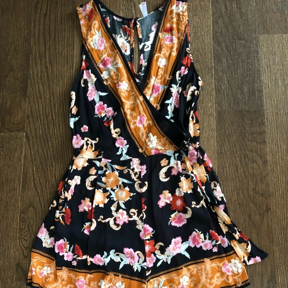 ❄️3/$30 Black Floral Wrap Romper with Mustard Trim - Picture 1 of 6